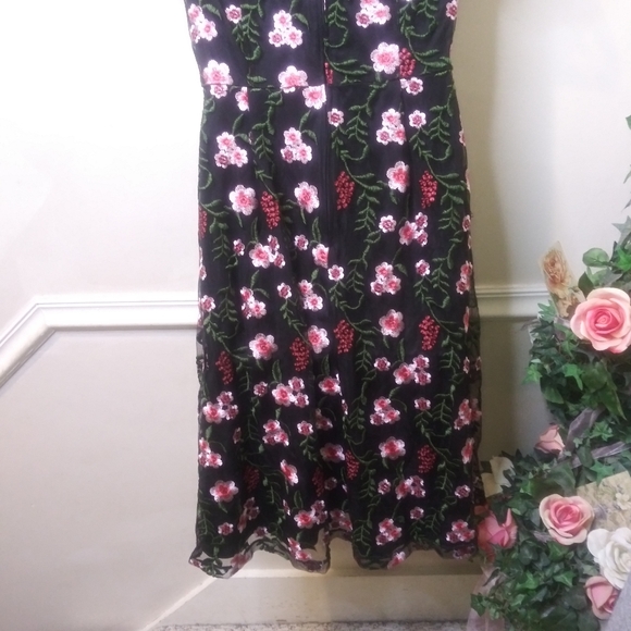 Modcloth Rose & Green Floral Embroidered Black Net Dress - Picture 9 of 13